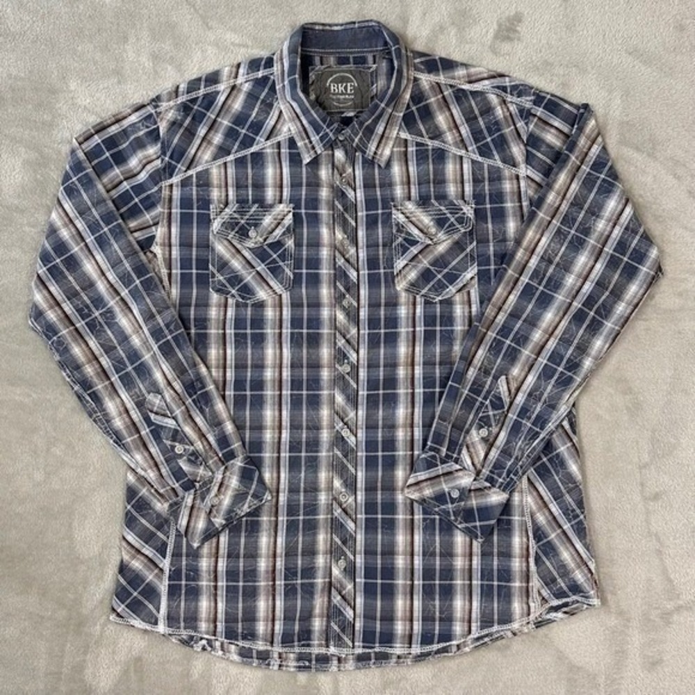 BKE Men's XL‎ Athletic Fit Plaid Button-Up Shirt Blue Brown Western Cowboy